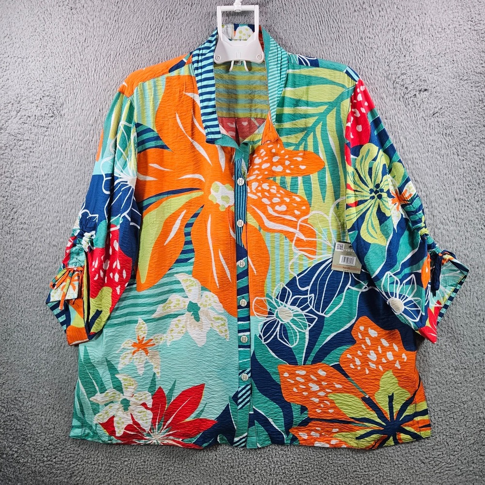 NEW John Mark Shirt Top Women 2X Button Up Large Floral Colorful Orange Green